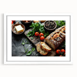 Abstract art print featuring various food dishes in muted earth tones, framed in white, suitable for dining room decor.
