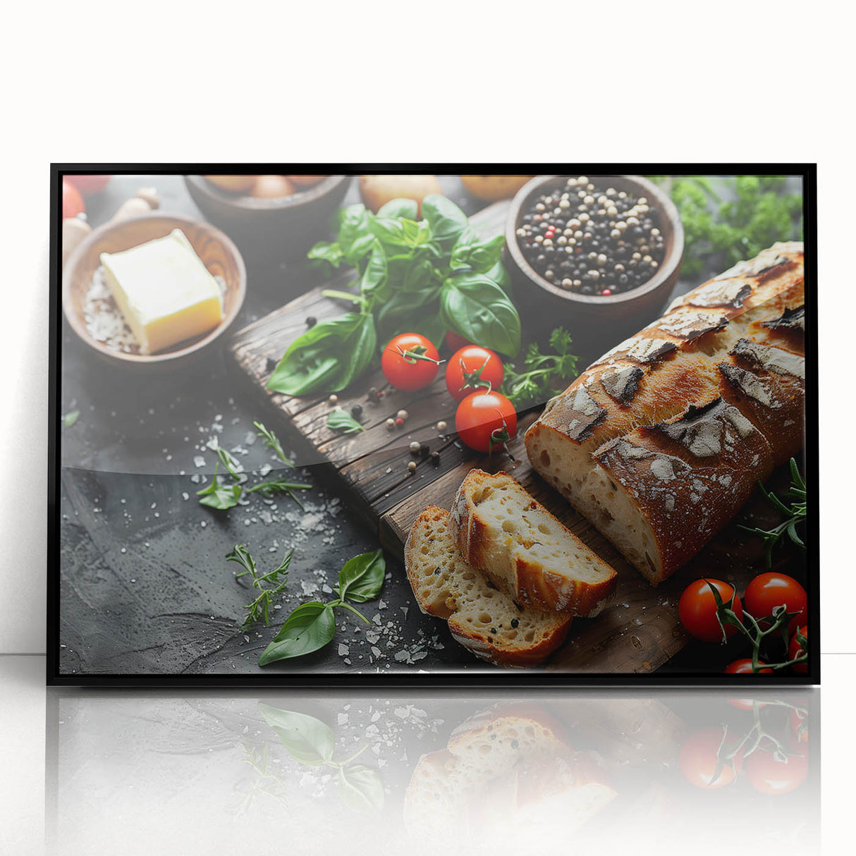 Large abstract wall art featuring assorted food dishes in mid-century modernist style, bold colors on black acrylic, framed.