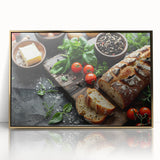 Large art print of assorted food dishes in muted earth tones, framed in gold acrylic, in a mid-century modernist style.