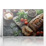 Art deco poster featuring an array of stylized food dishes in bold colors on a framed acrylic.