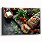 Black and white framed canvas depicting vintage food dishes, ideal for bedroom or kitchen decor.