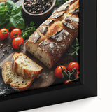 Extra large framed canvas of black wall art featuring colorful, textured depictions of various food dishes.