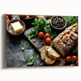 Framed canvas featuring vintage poster art of various food dishes in black and gold, ideal for bedroom wall art.