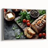 Landscape art painting featuring various colorful food dishes on a black background, framed canvas.