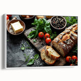 Vintage poster art featuring an array of colorful food dishes on a large framed canvas, ideal for living room decor.