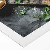 Art deco poster featuring an array of colorful food dishes on rolled canvas, suitable for dining room wall art.