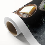 Art Deco poster featuring an array of colorful food dishes on a rolled canvas, suitable for dining room decor.