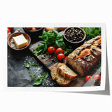 Rolled print of various food dishes in muted earth tones, suitable as art wall dining room decor.