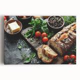 Black and white canvas print featuring various illustrated food dishes, suitable as large kitchen wall art.