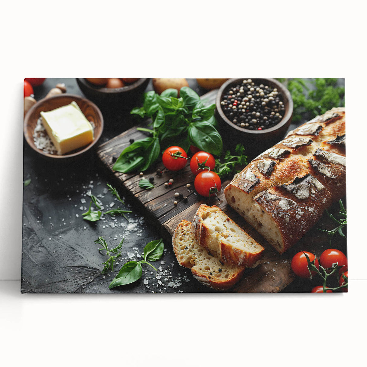 Black and white canvas of various food dishes, ideal for kitchen wall art in a large format.