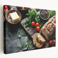 Large canvas print featuring an array of illustrated food dishes in vibrant colors, ideal for kitchen wall art.
