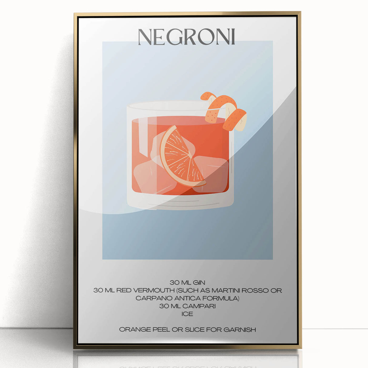 Art deco poster of food and drinks, featuring muted gold and black colors on acrylic.