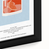 Black wall art depicting a close-up of colorful, textured food and drinks on a framed canvas.