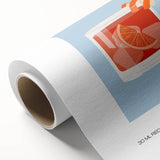 Art deco poster of assorted fruits and beverages in vibrant colors on rolled canvas, ideal for dining room wall art.