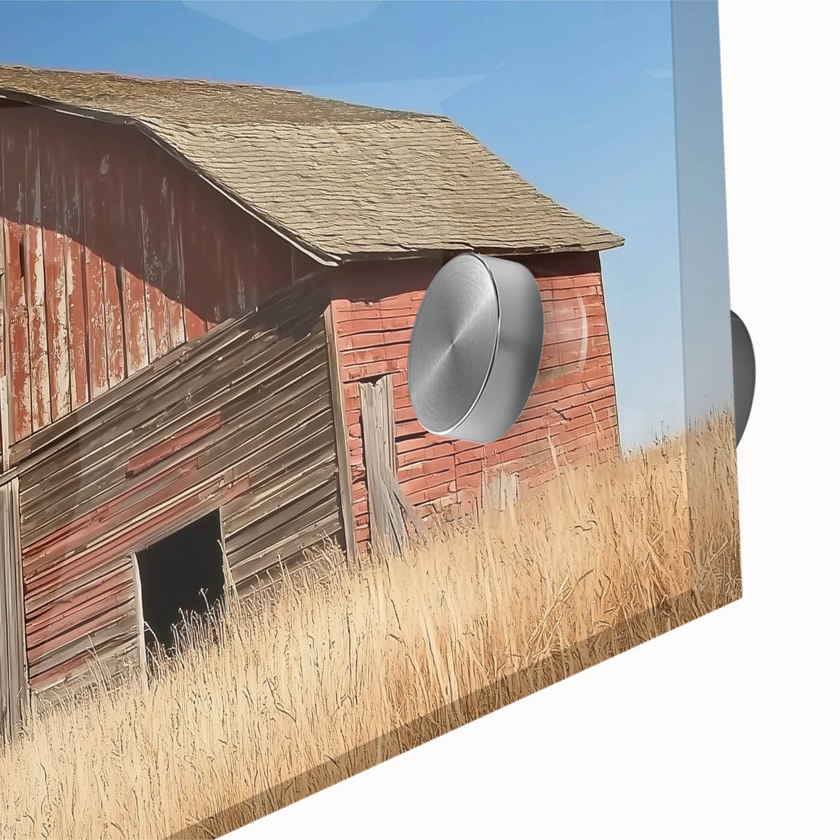 Close-up of a vibrant landscape barn acrylic glass artwork showcasing rich colors and intricate details, perfect for modern home decor or gallery displays.