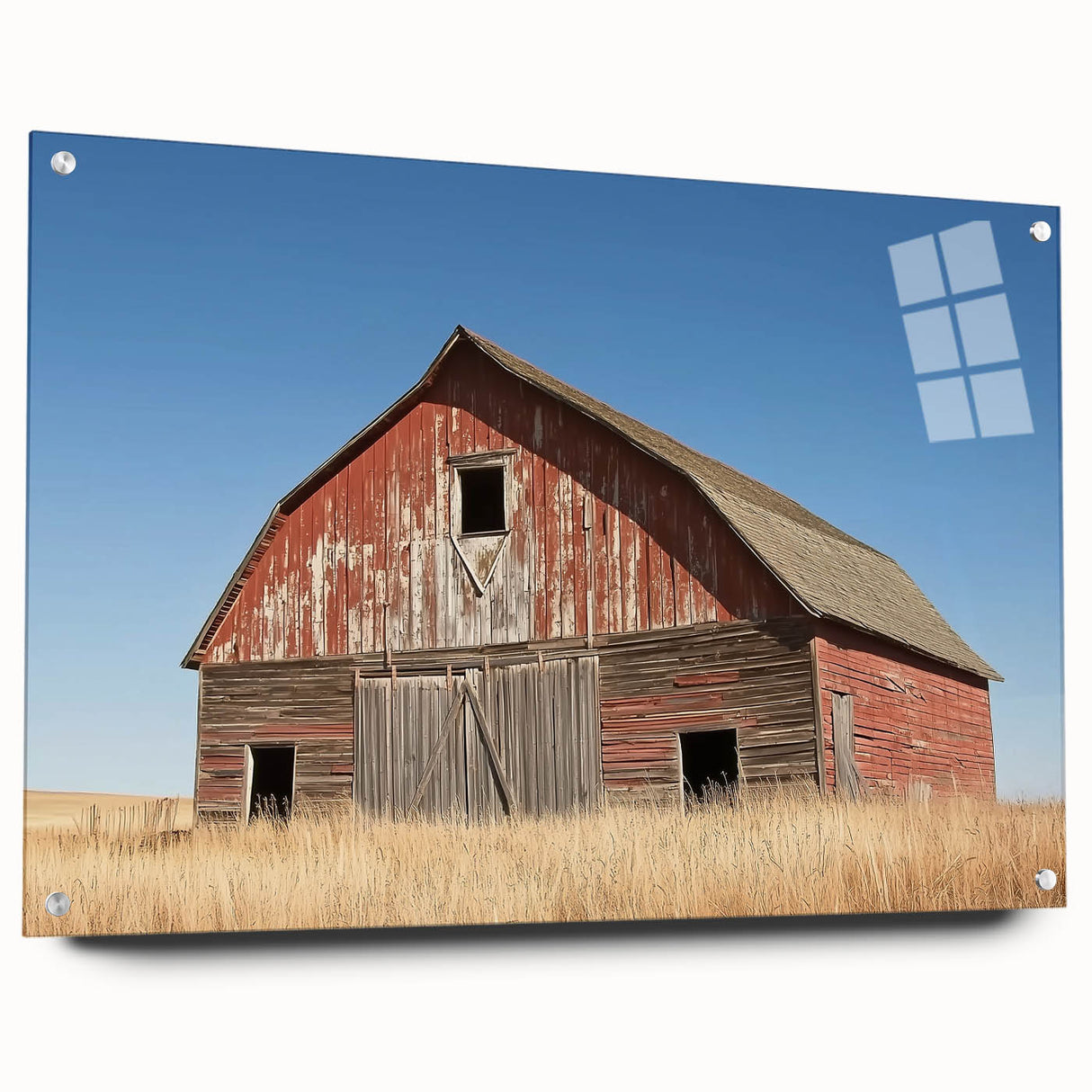 Acrylic glass side view of a landscape barn design showcasing vibrant colors and intricate details, secured with decorative pins for a polished finish. Perfect for rustic home decor.