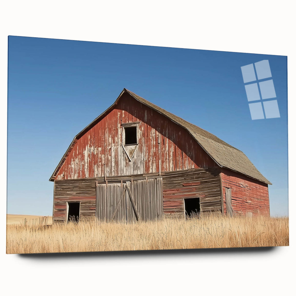 Side view of a landscape acrylic glass barn design showcasing vibrant colors and intricate details, elegantly displayed without pins, perfect for modern decor.