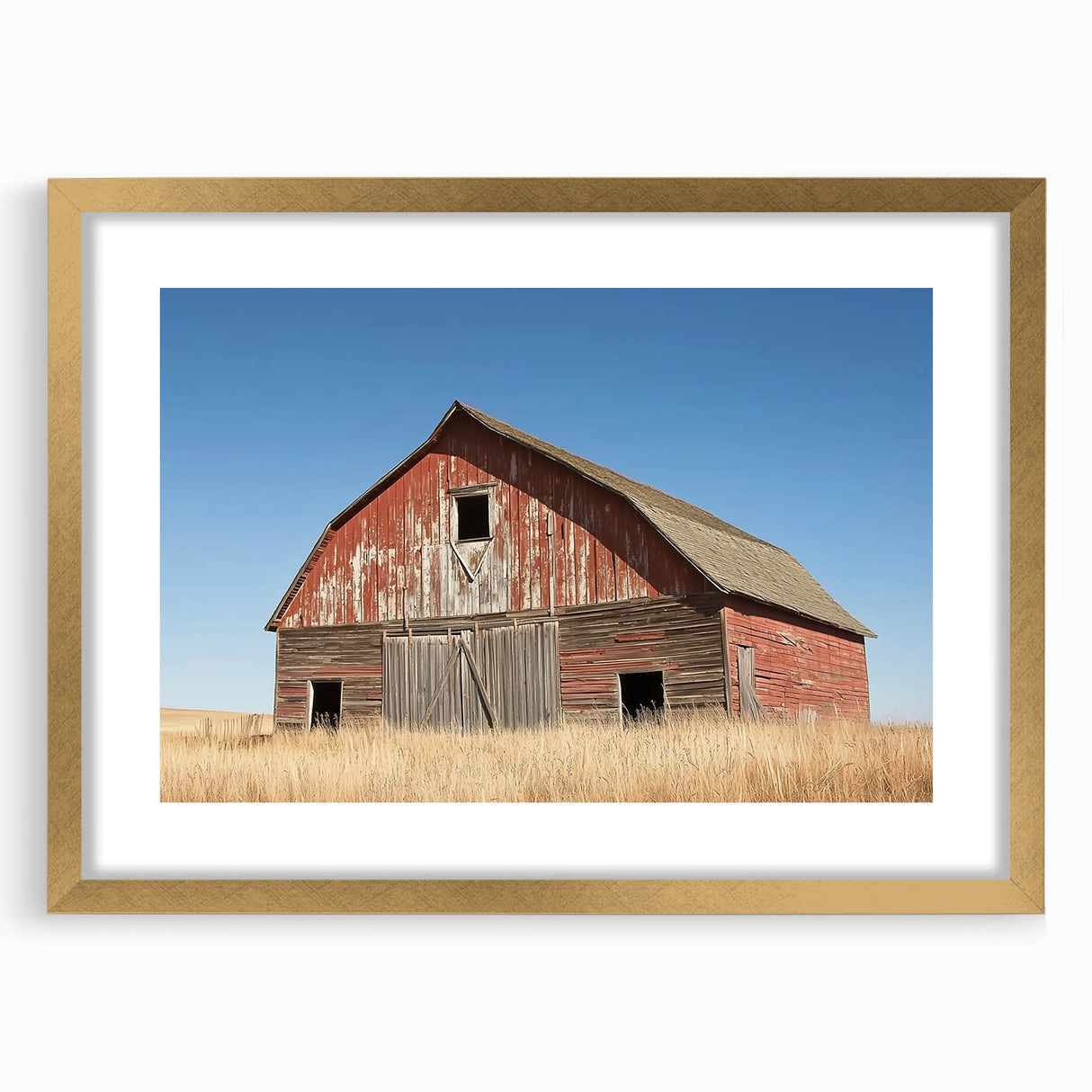 Elegant landscape barn frame in gold with a white mat, showcasing a scenic artwork. Ideal for rustic decor, perfect for enhancing living spaces.
