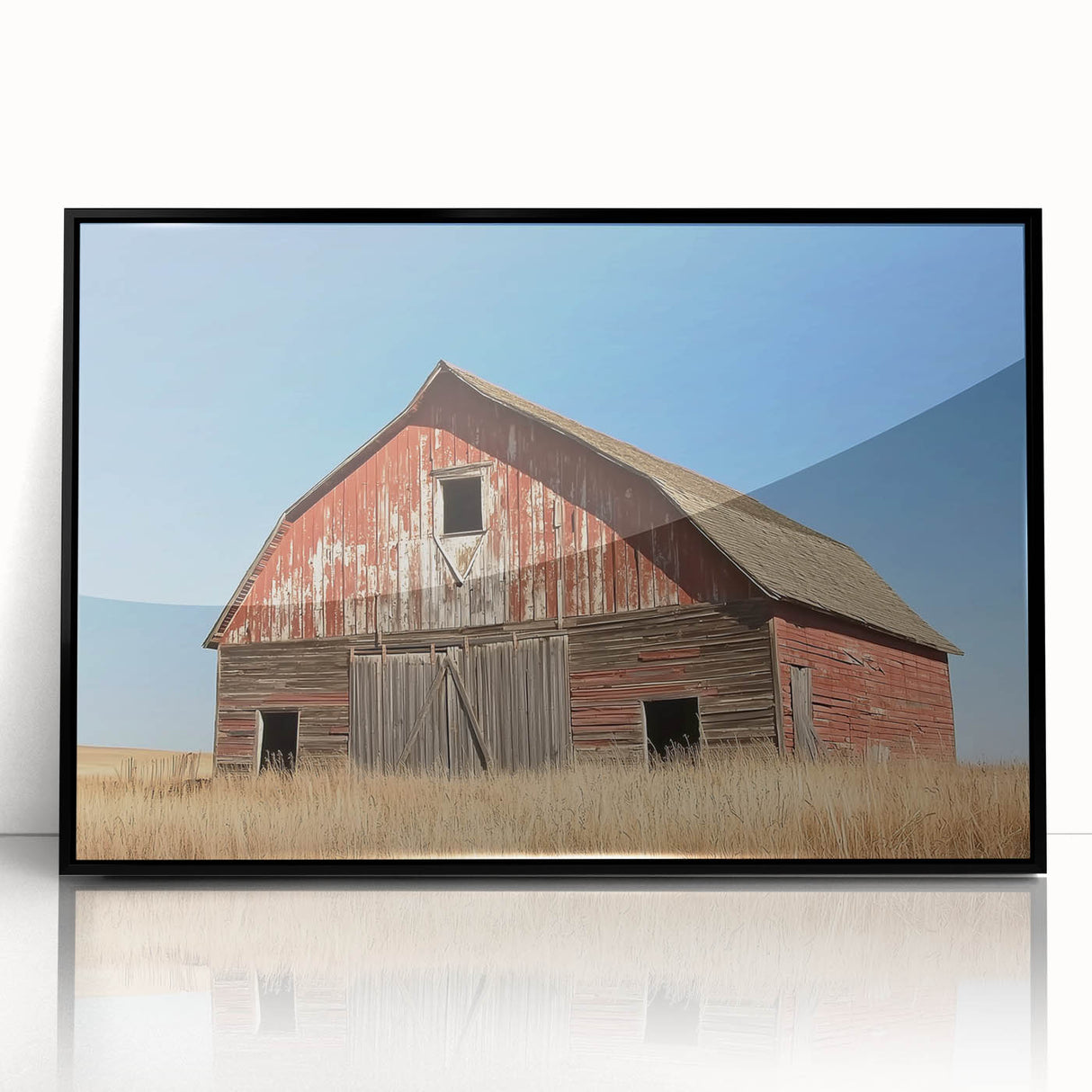 Framed acrylic artwork showcasing a scenic landscape of a barn, featuring a black frame and a clear front view, perfect for rustic home decor and enhancing interiors.