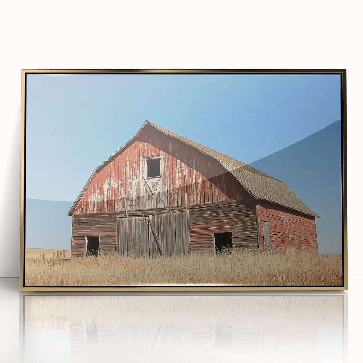 Framed acrylic artwork showcasing a modern landscape design, featuring gold accents and a barn setting, ideal for enhancing home decor aesthetics.