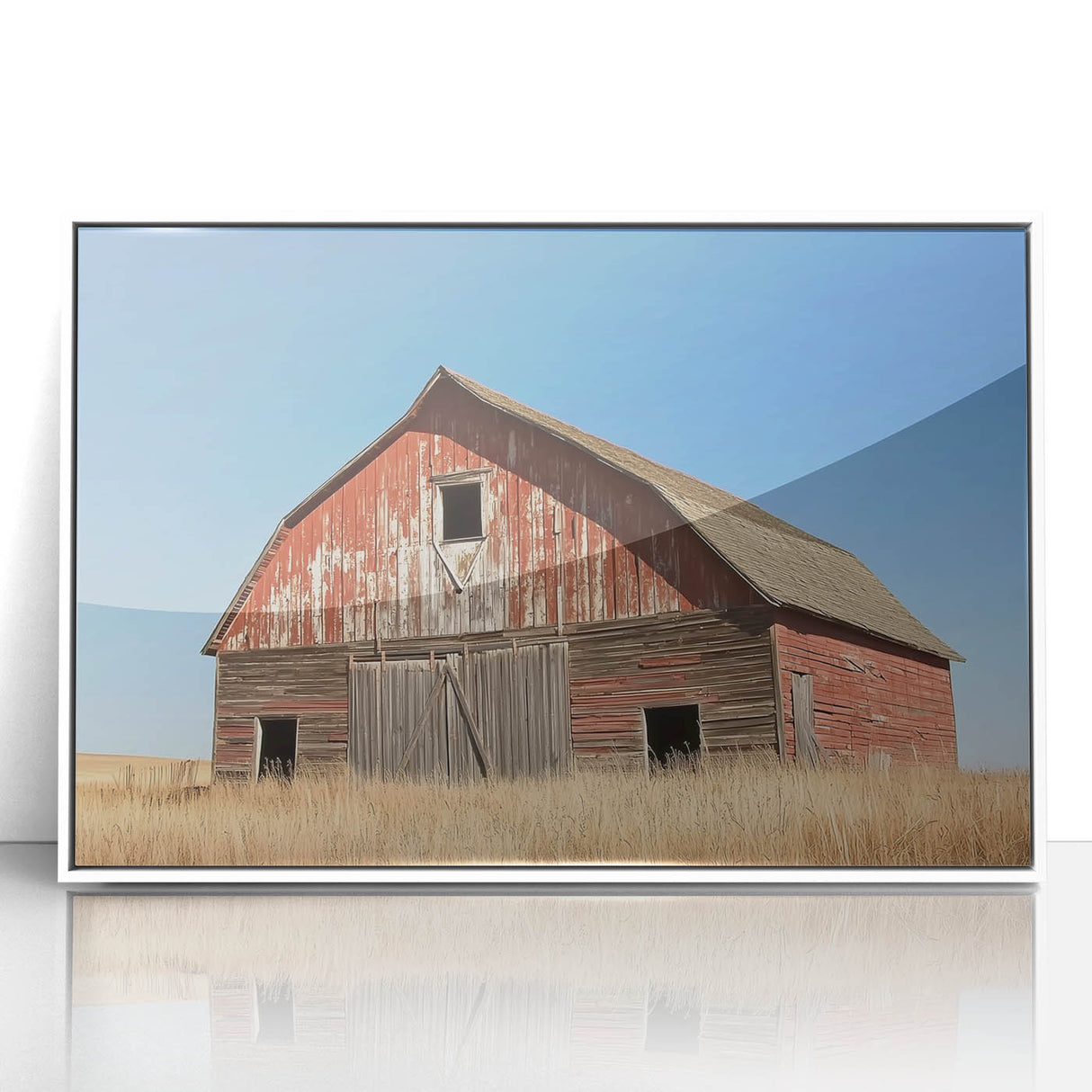 Framed acrylic wall art showcasing a vibrant landscape scene with a rustic barn, set against a clear sky, perfect for enhancing home decor and providing a warm, inviting touch.
