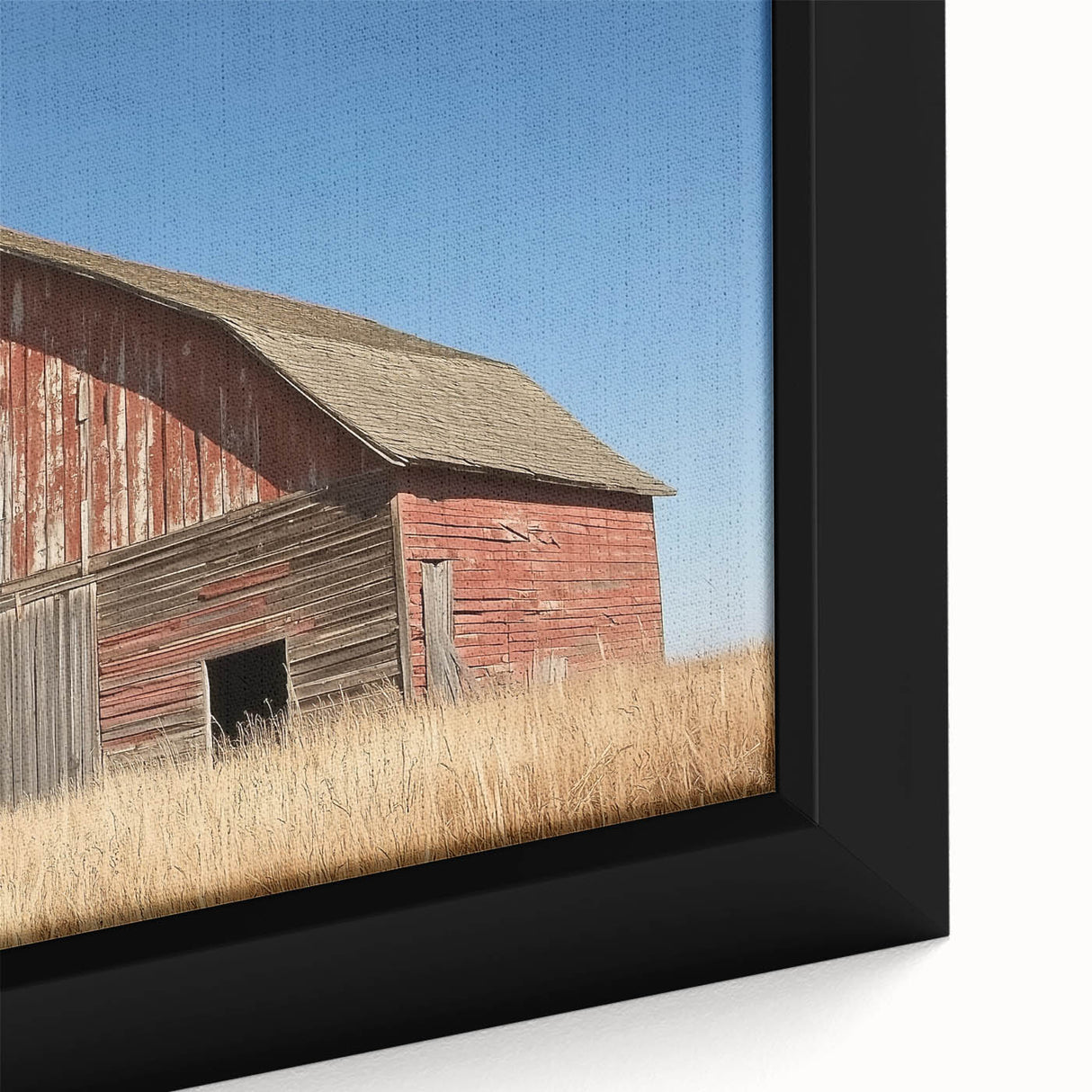 Close-up of a beautifully designed landscape barn framed canvas, showcasing rich colors and intricate details, perfect for enhancing rustic home decor. Ideal for art enthusiasts seeking unique wall art that celebrates countryside charm.