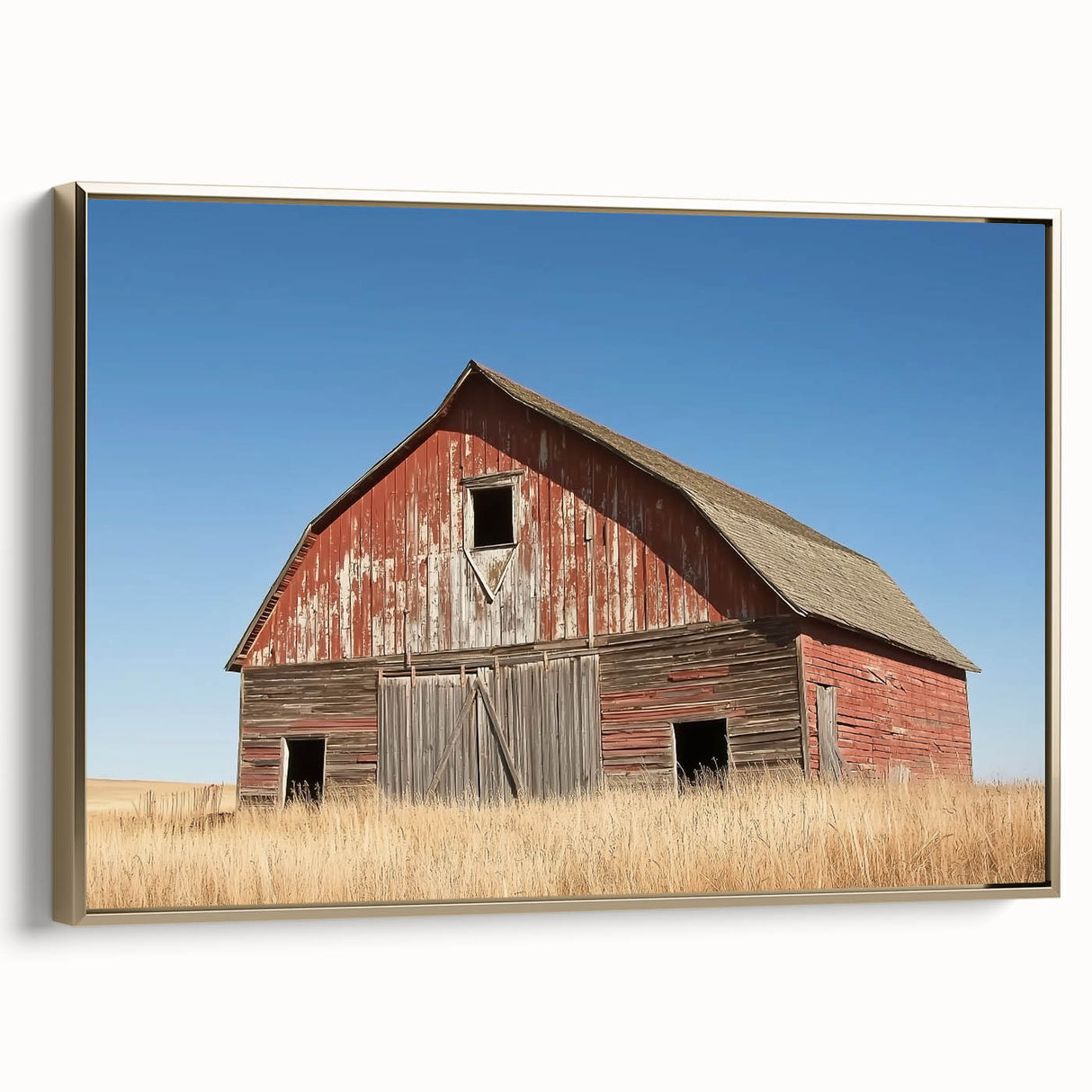 Landscape barn-framed canvas artwork showcasing a stunning gold design, highlighting intricate details and a vibrant color palette, perfect for enhancing home decor.