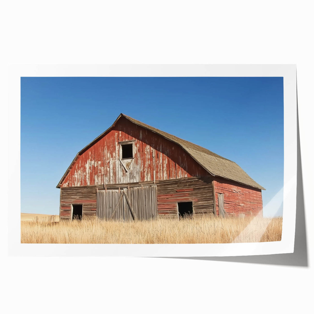 Rustic landscape barn print on rolled canvas, showcasing vibrant colors and intricate details, securely packaged in a durable cardboard tube for easy transport. Perfect for farmhouse decor enthusiasts.