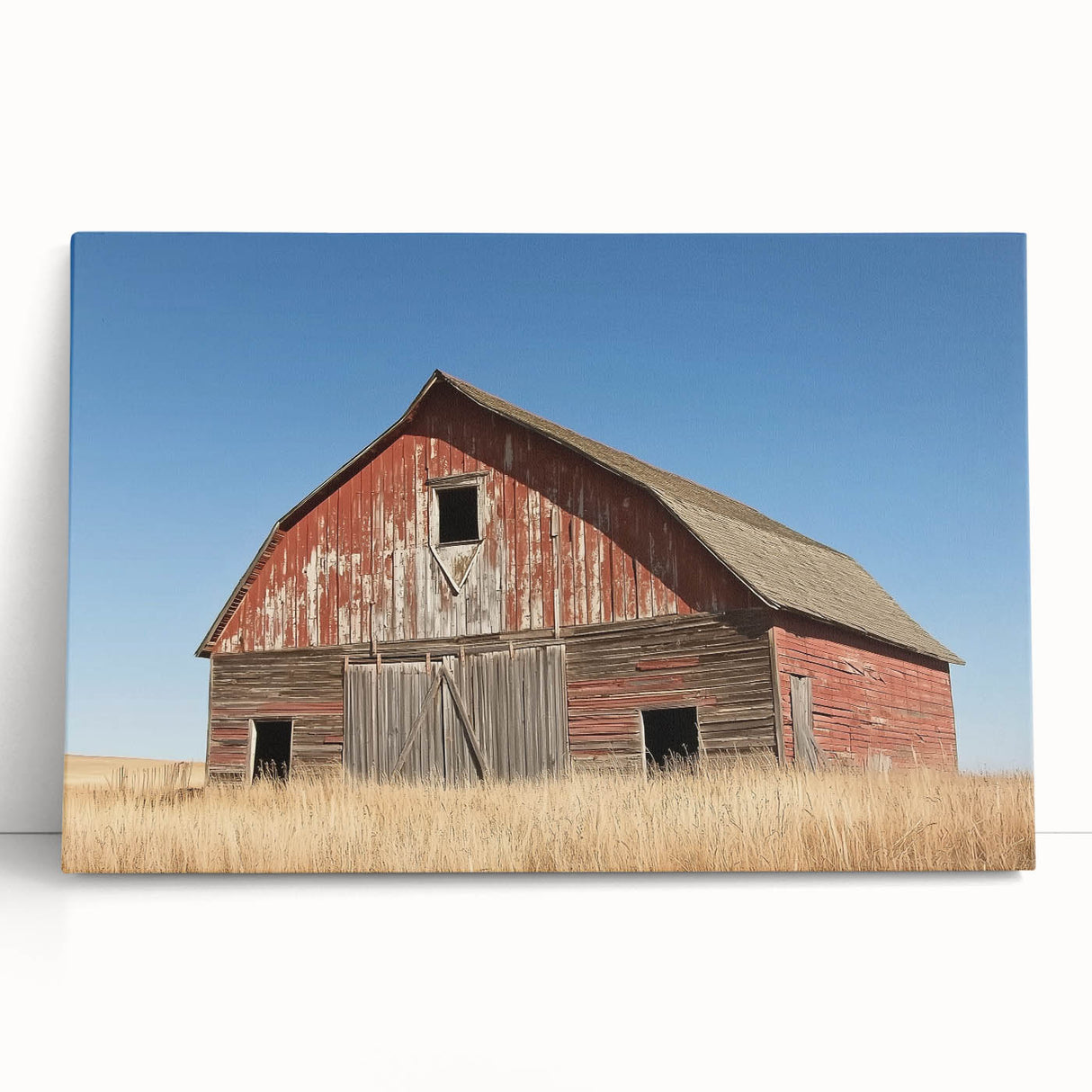 Landscape canvas artwork depicting a serene barn scene with vibrant colors, showcasing rustic charm and natural beauty, perfect for home décor or gifting.