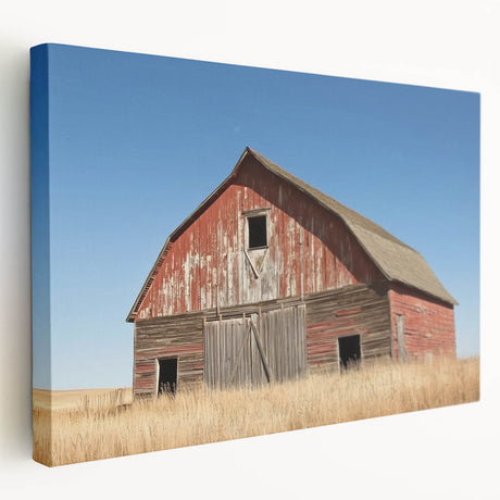 Stretched canvas artwork depicting a serene landscape of a rustic barn surrounded by lush greenery, showcasing vibrant colors and intricate details, perfect for home decor.