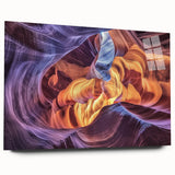 Acrylic glass artwork showcasing a breathtaking landscape of canyons in vibrant colors, viewed from the side without pins, perfect for modern home decor.