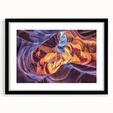 Black-framed landscape print featuring a stunning canyon scene with vibrant colors, ideal for home decor and gallery walls, showcasing natural beauty and depth.