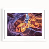 Landscape artwork showcasing a canyon scene framed with a white mat, ideal for home decor. Perfect for adding a touch of nature-inspired elegance to any room.