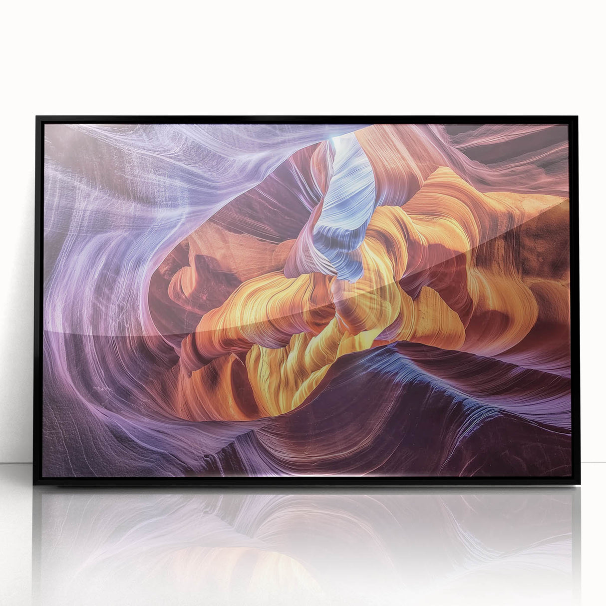 Framed acrylic wall art featuring a stunning landscape of canyons in vibrant colors, presented in a sleek black frame, perfect for modern home decor.