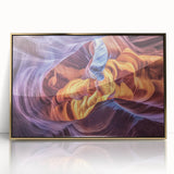 Framed acrylic artwork of vibrant canyons in gold tones, showcasing stunning landscape details. Perfect for adding a touch of elegance to modern home decor.