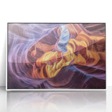 Framed acrylic artwork showcasing a stunning landscape of canyons, featuring vibrant colors and intricate details, set in a sleek white frame for modern decor.