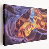 Stretched canvas artwork depicting vibrant landscape canyons in rich earth tones, showcasing dramatic rock formations and a serene side view, perfect for home decor.