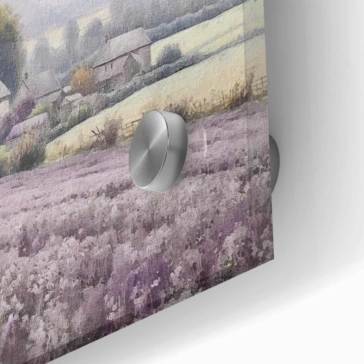 Close-up view of a vibrant landscape wall art piece, showcasing a serene countryside scene with lush greenery and rolling hills, printed on acrylic glass for a modern touch.