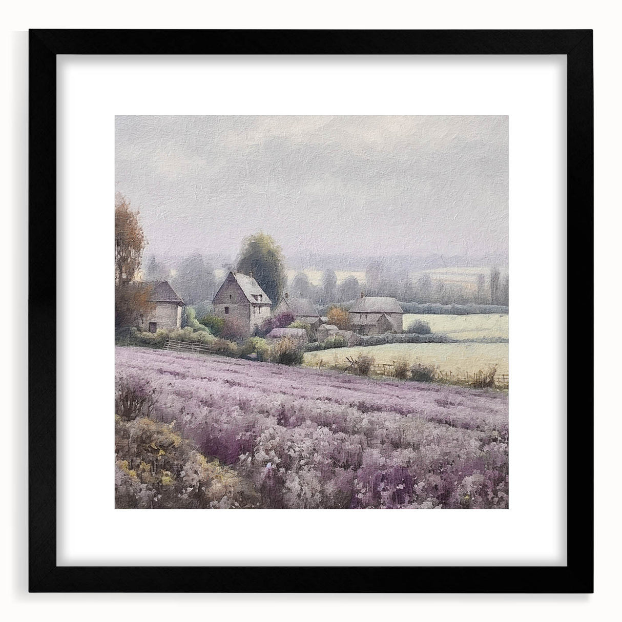 Black-framed landscape wall art depicting a serene countryside scene, featuring lush green fields and a clear blue sky, perfect for home decor enhancement.