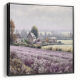Framed canvas wall art depicting a serene countryside landscape with vibrant greens and blues, featuring a black frame that enhances its rustic charm. Perfect for home decor.