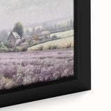 Close-up of a framed landscape wall art canvas depicting a serene countryside scene with lush greenery, vibrant colors, and a tranquil atmosphere, ideal for home decor.