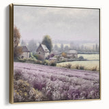 Framed canvas wall art depicting a serene countryside landscape in silver and gold tones, showcasing rolling hills and a tranquil sky, perfect for home decor.