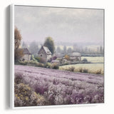 Framed canvas wall art showcasing a serene countryside landscape with lush greenery and soft clouds, presented in a sleek white frame, ideal for home decor.