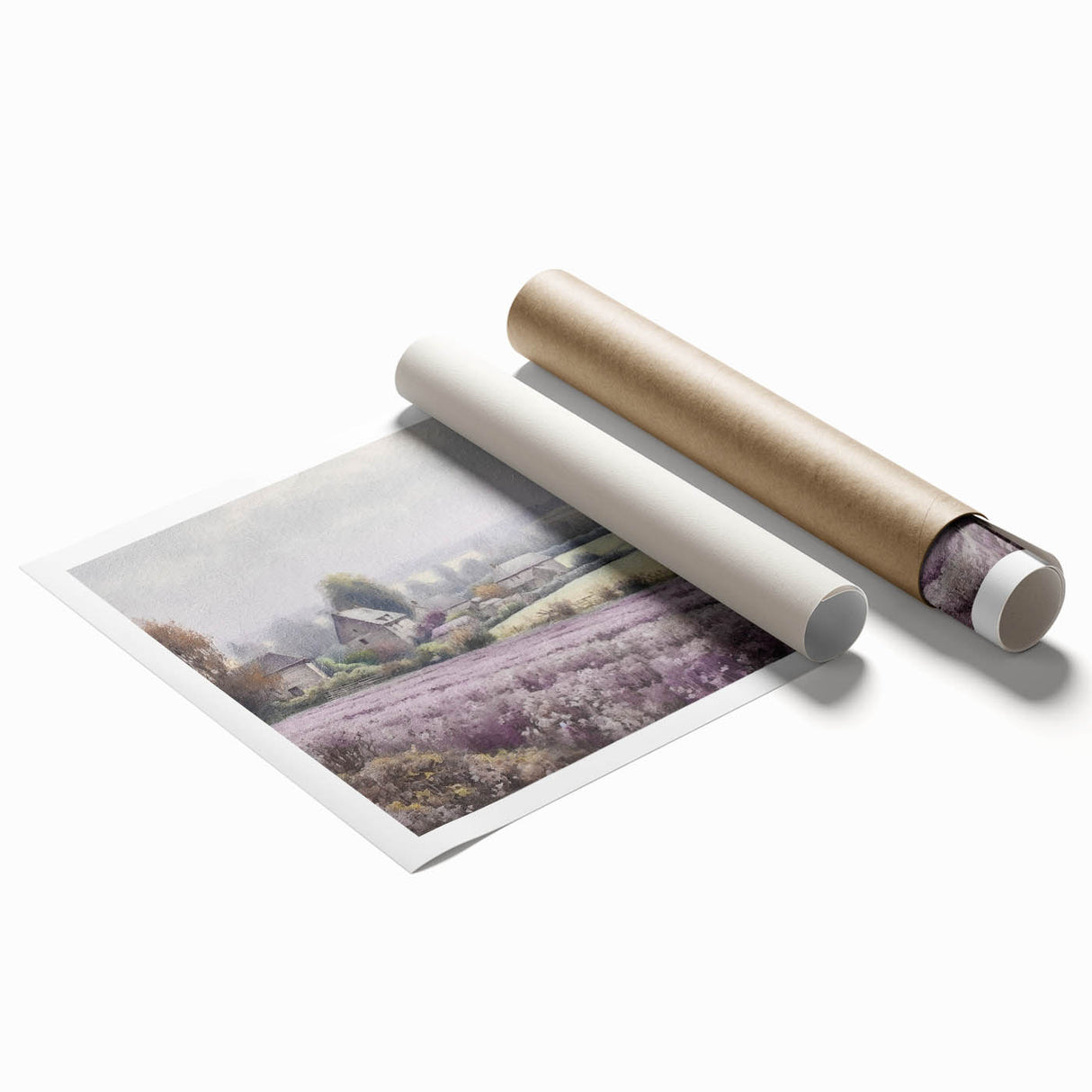 Landscape wall art print showcasing a serene countryside scene with rolling hills and a vibrant sunset, elegantly rolled and ready for framing. Perfect for home decor.