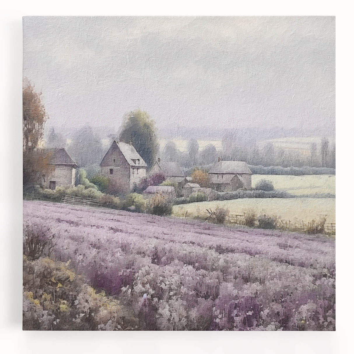 Stretched canvas wall art showcasing a serene countryside landscape with vibrant green fields and a clear blue sky, perfect for home decor.