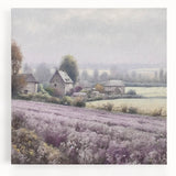 Stretched canvas wall art showcasing a serene countryside landscape with vibrant green fields and a clear blue sky, perfect for home decor.