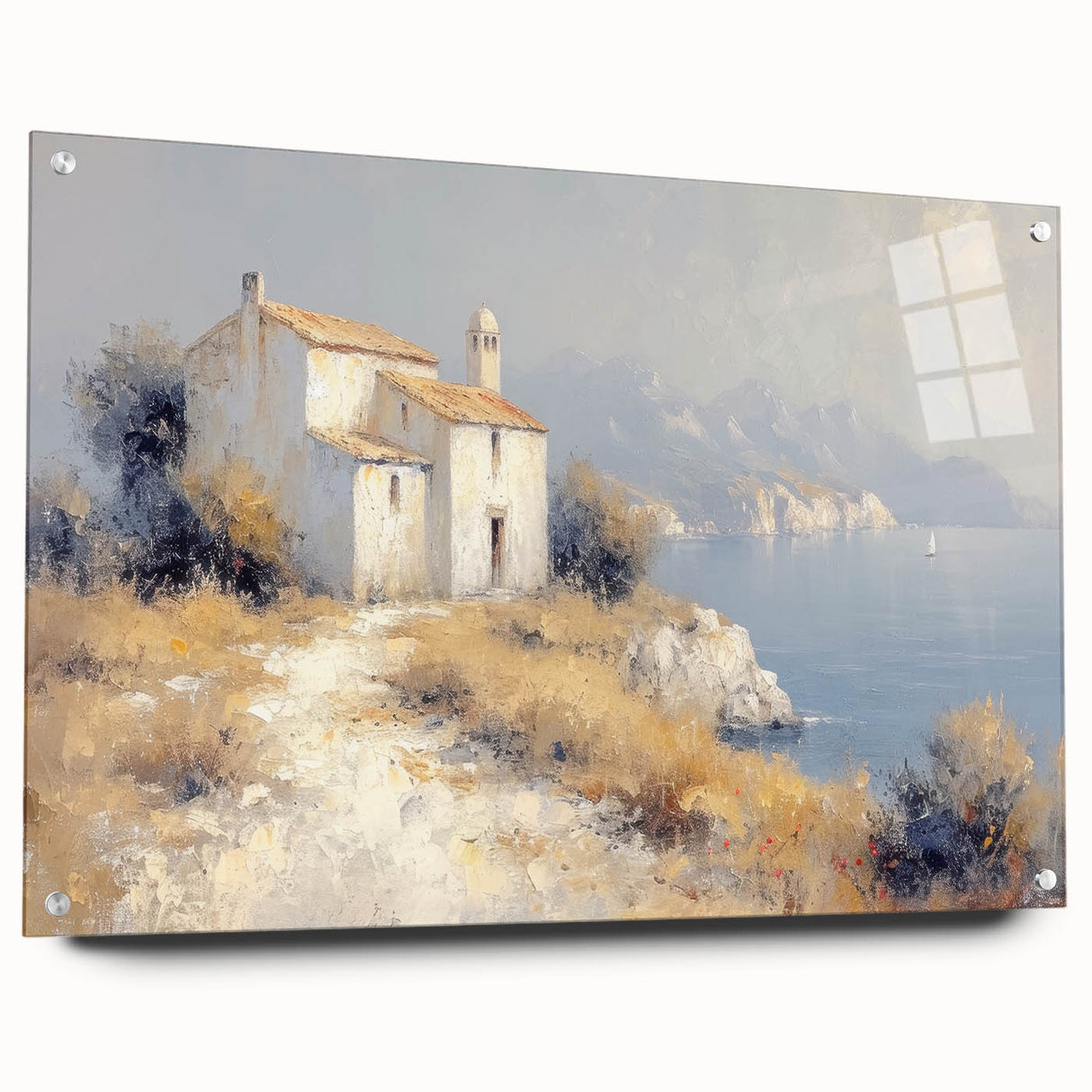 Acrylic glass landscape art piece showcasing a serene countryside view, displayed from the side with decorative pins, ideal for enhancing home decor.