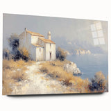 Acrylic glass artwork depicting a serene countryside landscape with vibrant green fields and rolling hills, showcased in a side view without pins, perfect for home decor.