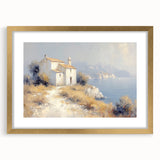 Gold-framed landscape artwork depicting a serene countryside scene, featuring vibrant colors and a mat for added elegance, perfect for home decor.