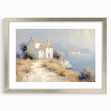 Elegant silver-framed landscape artwork showcasing a serene countryside scene with lush greenery and rolling hills, accented by a white mat for added depth. This piece enhances any interior decor with its tranquil colors and sophisticated design.